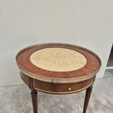 Louis XVI style mahogany bouillotte table in marquetry and bronze