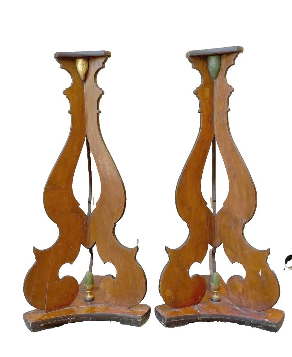 Large pair of late 18th/early 18th century painted wooden candlesticks, bases, tripods