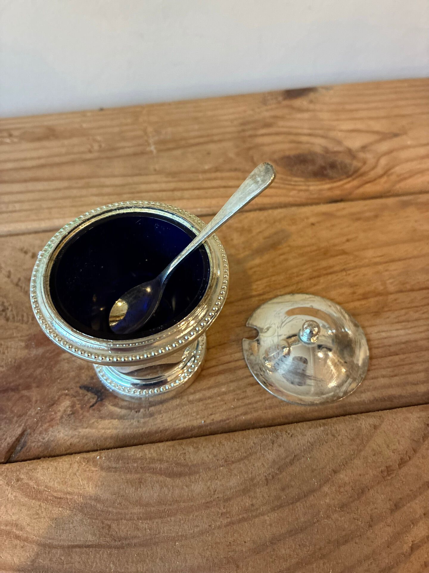 Vintage silver-plated table service duo – Mustard pot with spoon