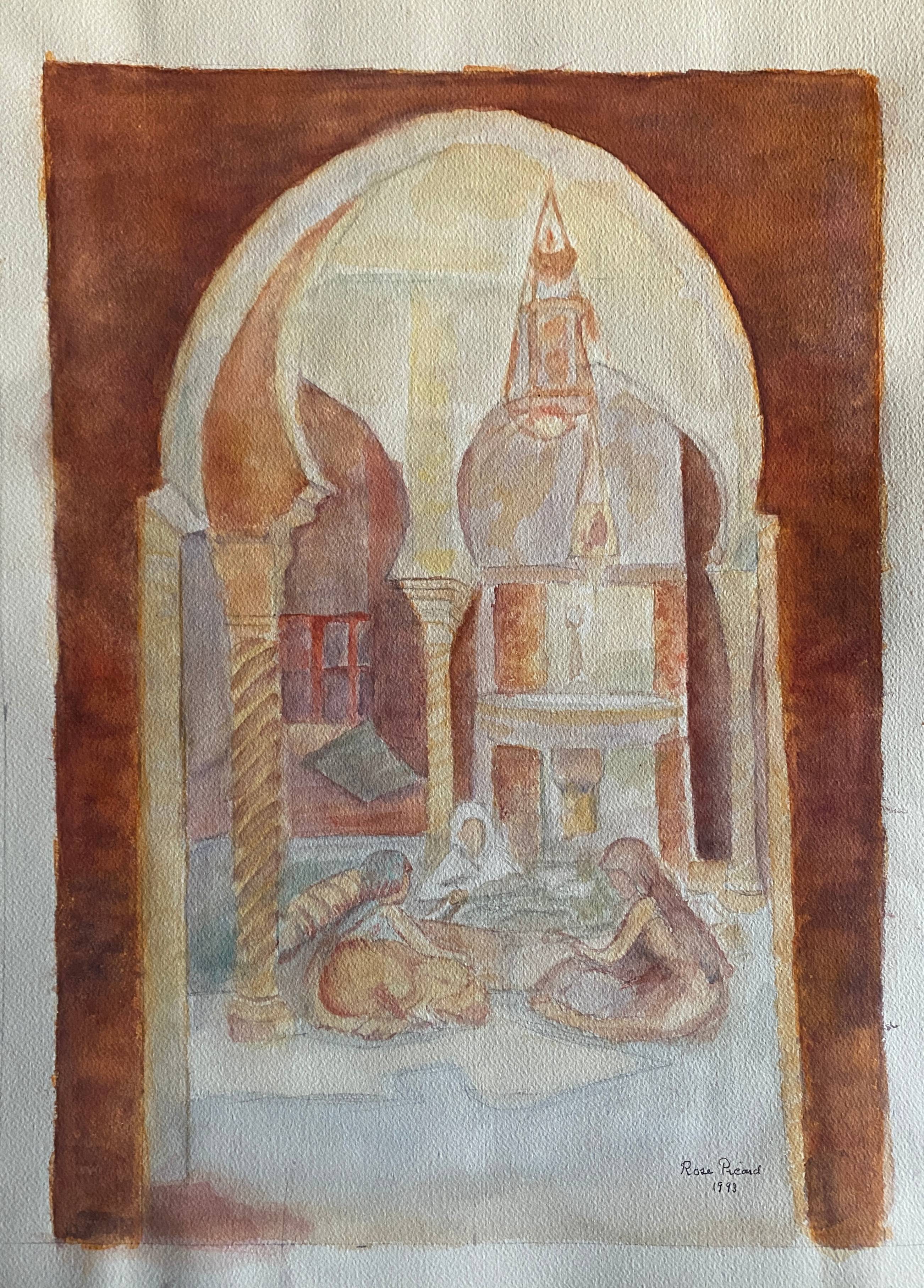 Original watercolor painting "Orientalist Medersa View" signed Rose Picard