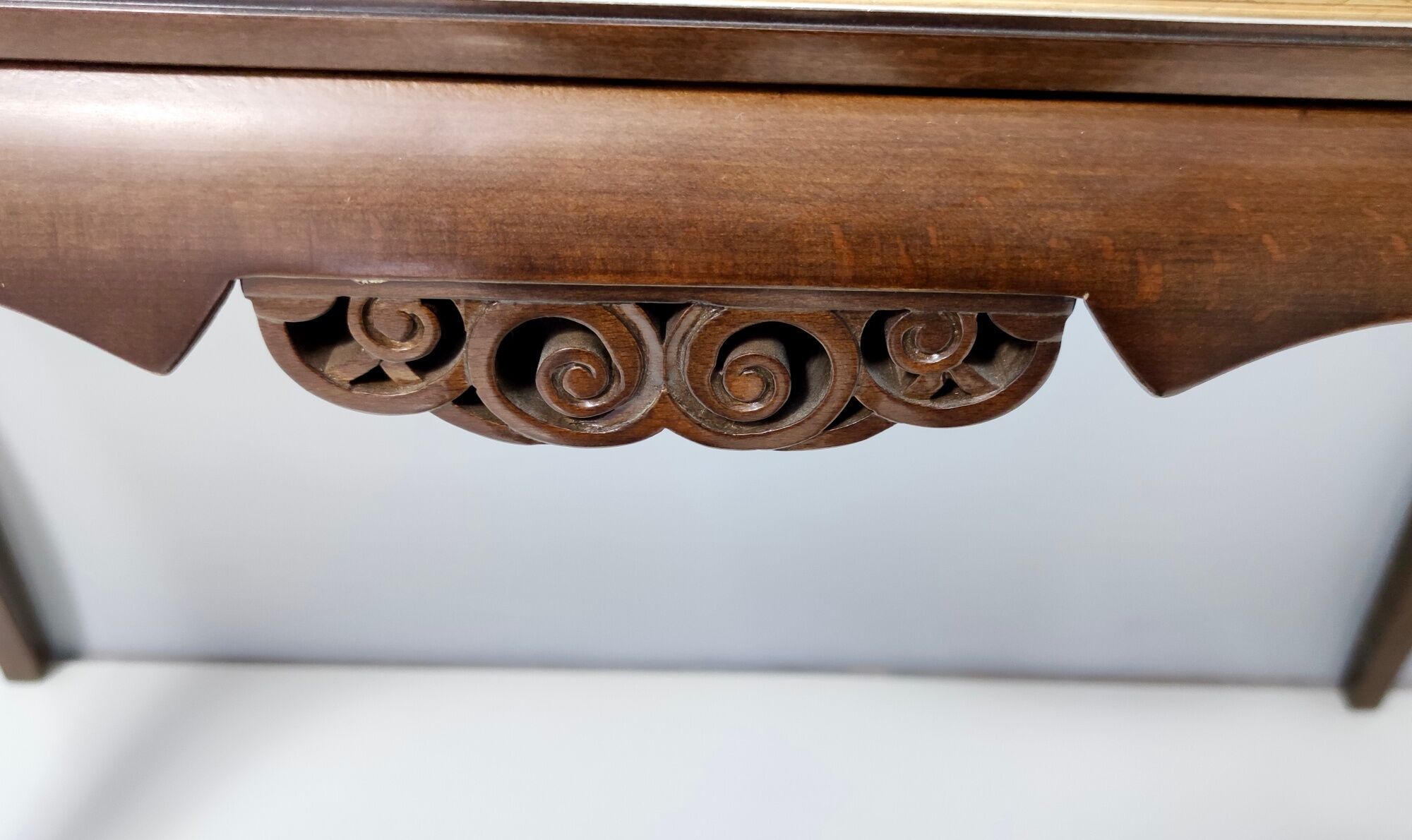 Vintage Rectangular Solid Walnut Console Table with Engraved Mirror Motif, Italy