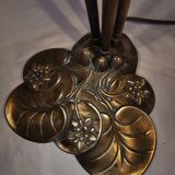 Brass water lily lamp and glass paste tulip, double, art nouveau style.