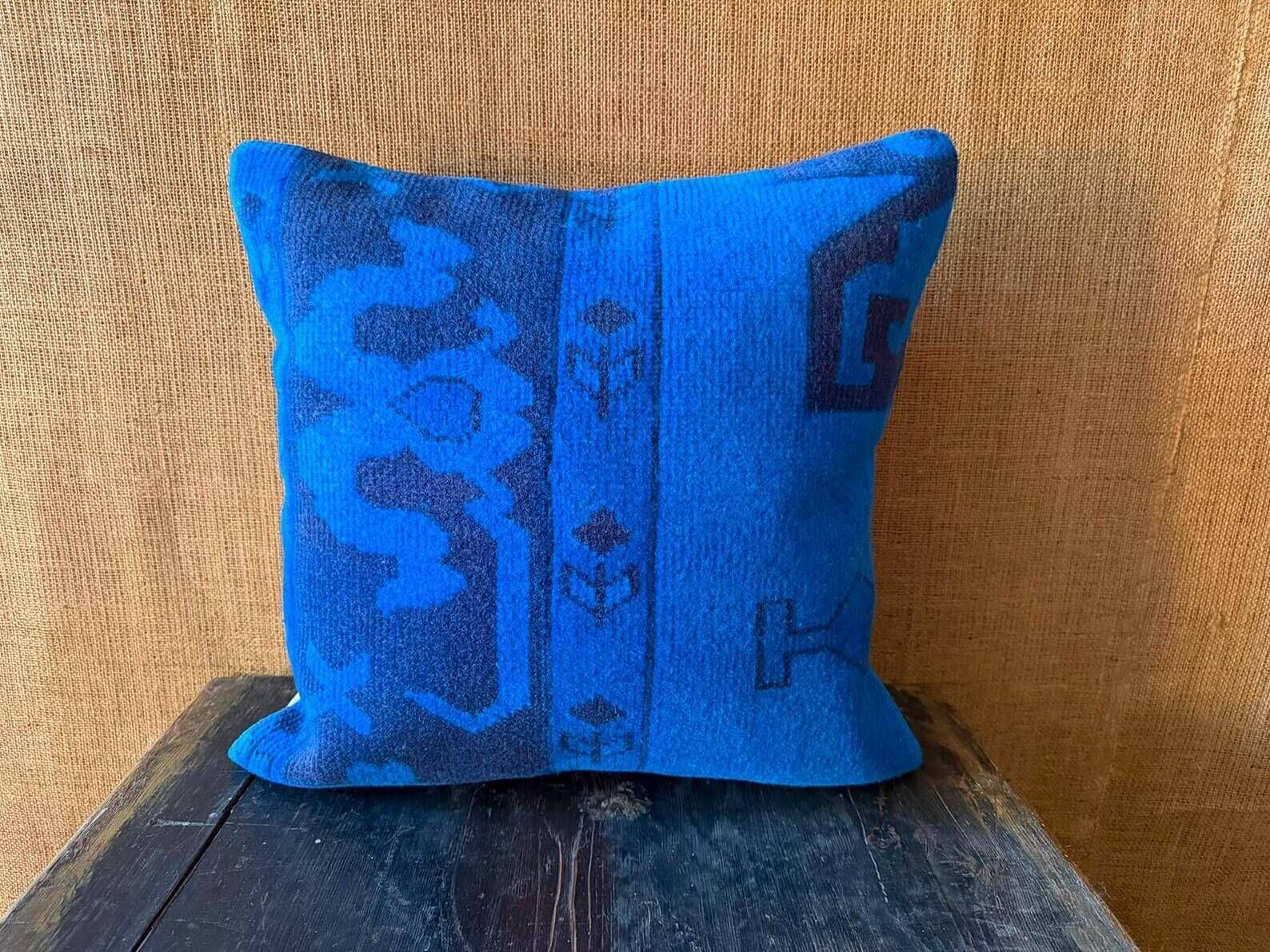 Electric Blue Vintage Turkish Rug Pillow, Hand-Stitched Wool Cushion