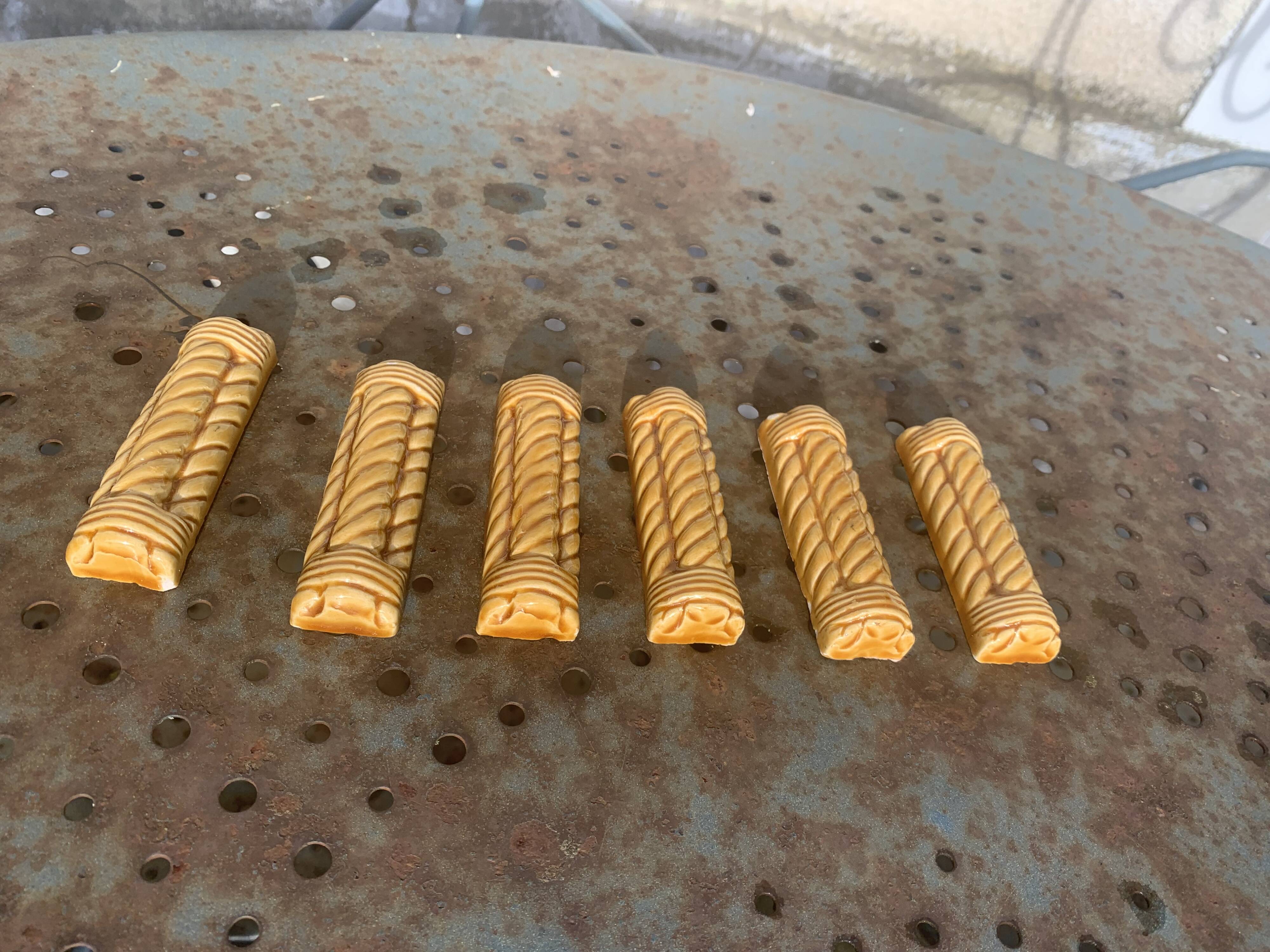 6 enameled ceramic knife holders, slip, vintage golden yellow