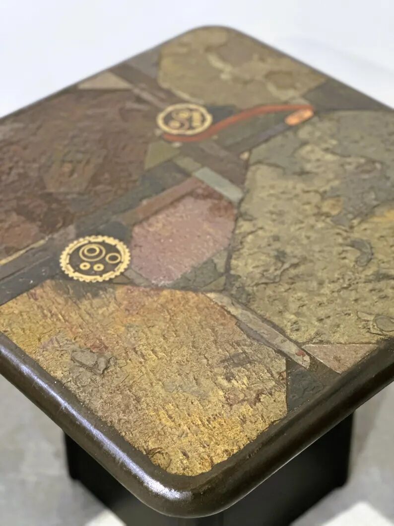 Pair of vintage Kneipp side tables with sculptural tops in mixed materials, 1970s