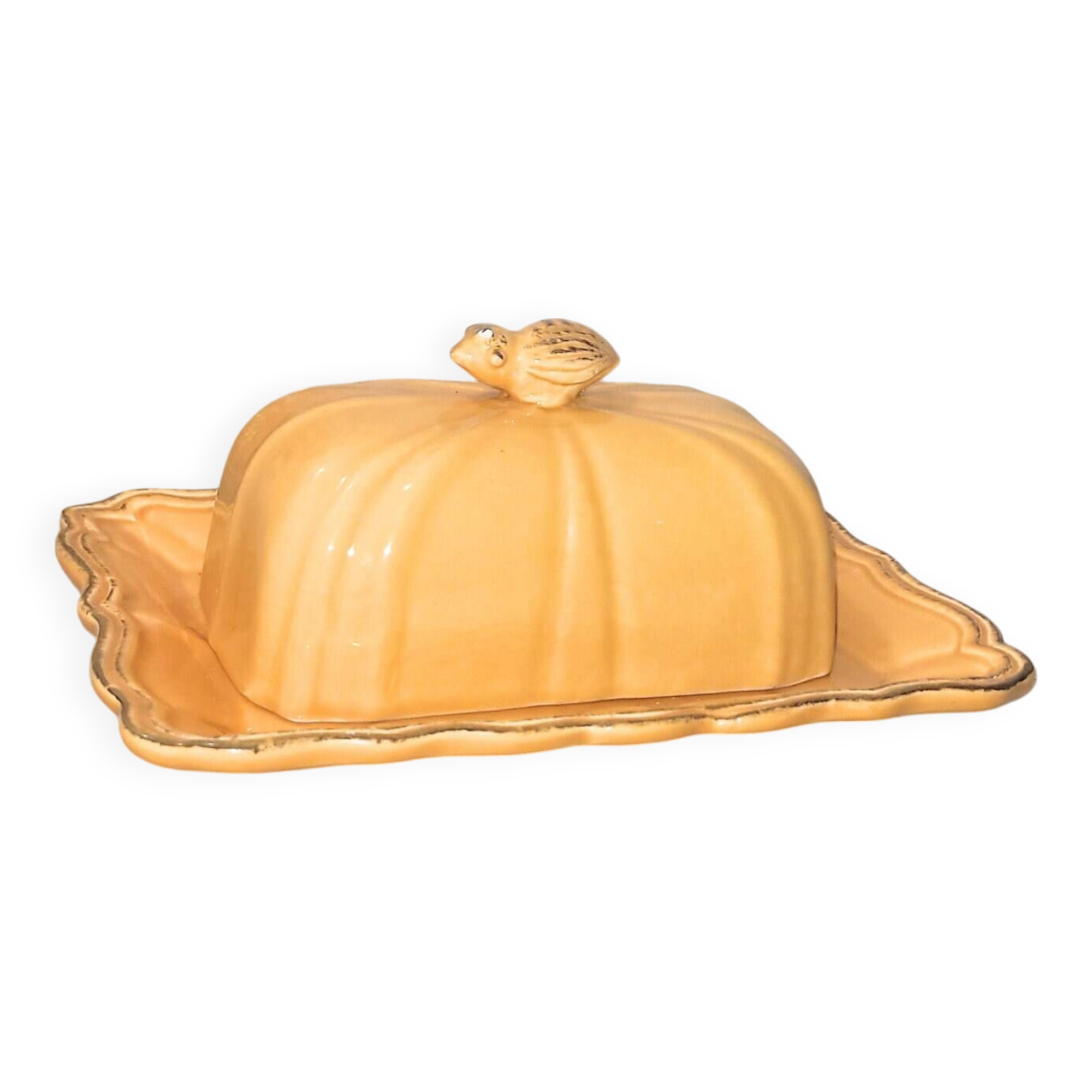 Antique yellow ceramic butter dish with bee decor, vintage Provençal style