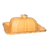 Antique yellow ceramic butter dish with bee decor, vintage Provençal style