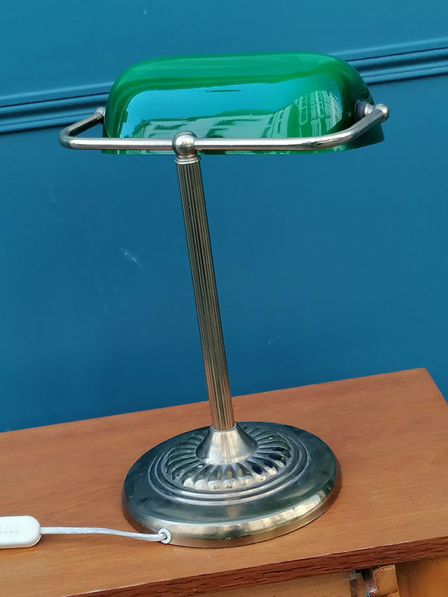 Notary lamp in brass and green opaline, 1950