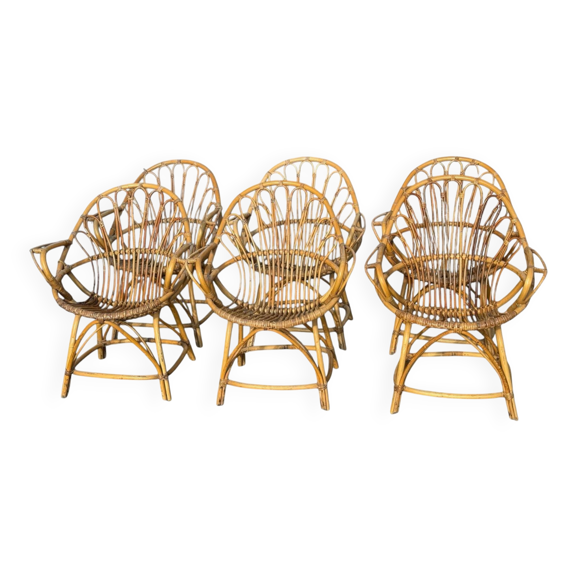 Set of 6 rattan armchairs from the 1960s, France.