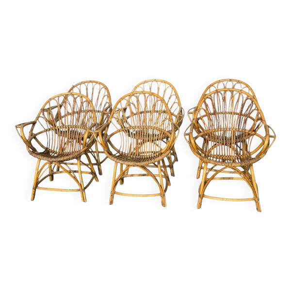 Set de 6 fauteuils en rotin des années 60 France