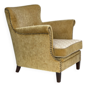 1960s, Danish armchair, honey-yellow furniture velour, original condition.