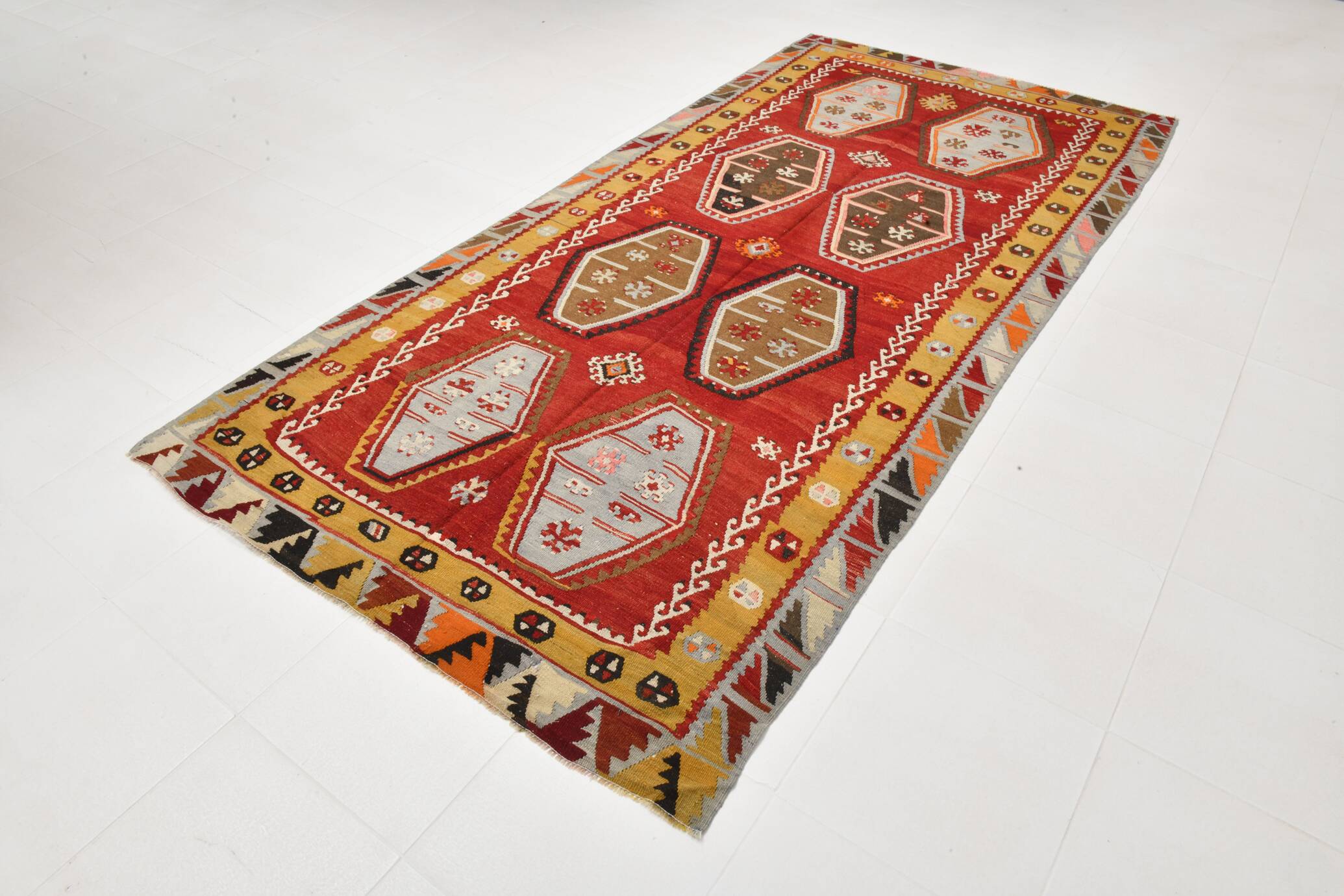 Grand Kilim Designer Vintage, Tapis Anatolien Rouge Fait Main, 149x308 Cm