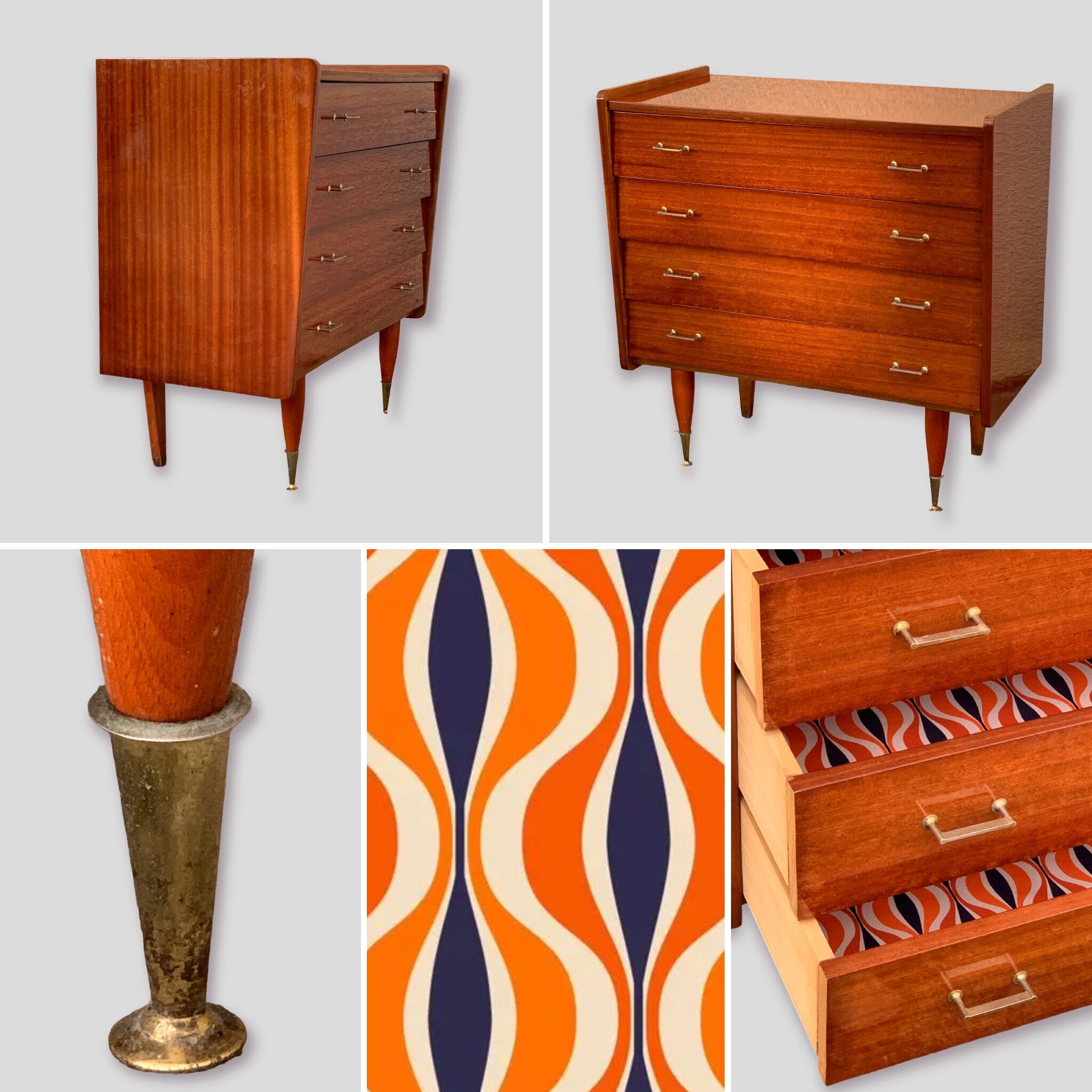 Vintage varnished teak chest of drawers 1970