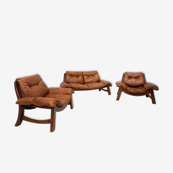 Mid Century Modern Living Room Set in Cognac Leather