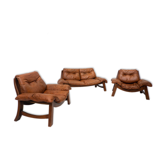 Mid Century Modern Living Room Set in Cognac Leather