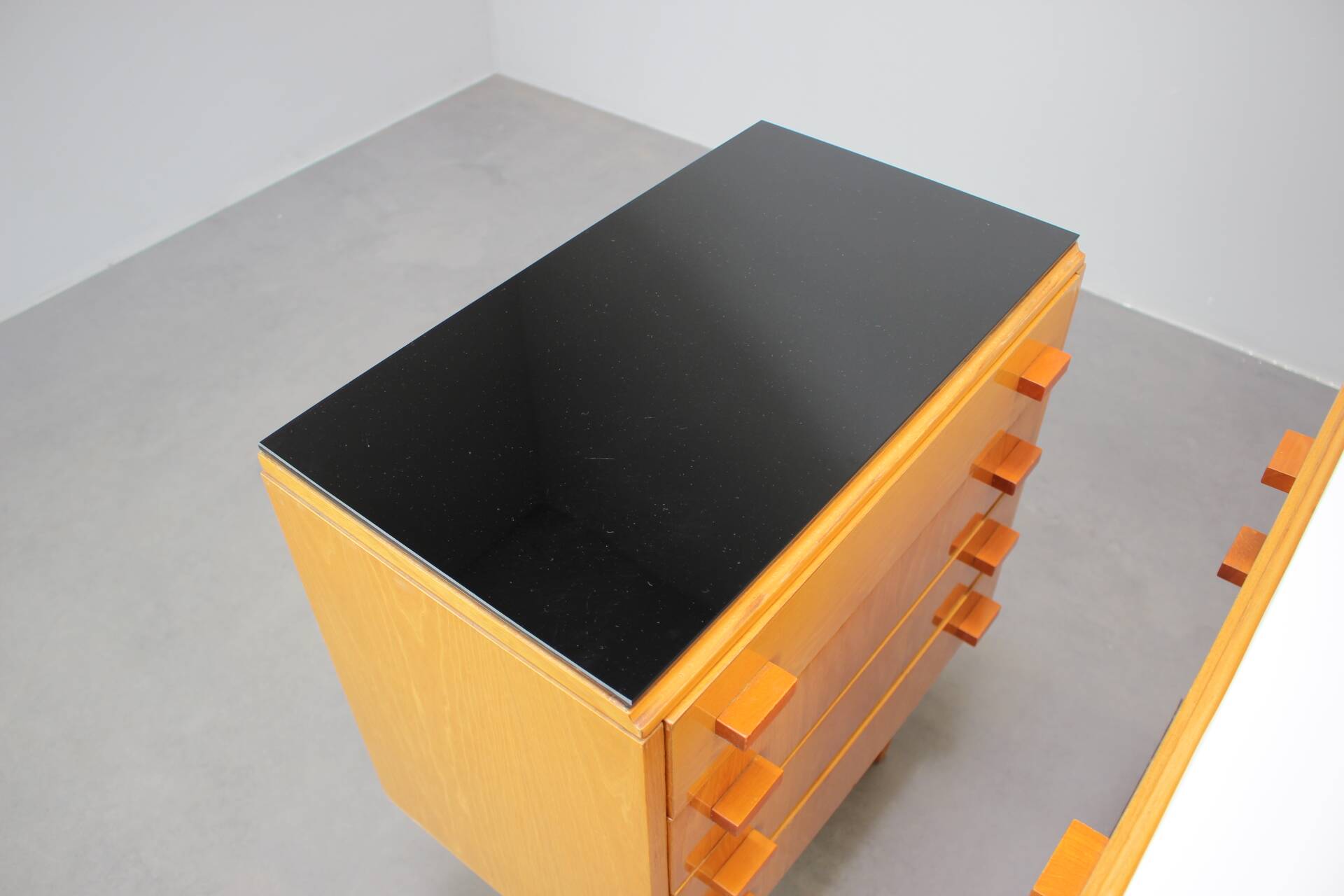 1960s František Mezulaník Mid-Century Maple Nightstands with Black and White Glass