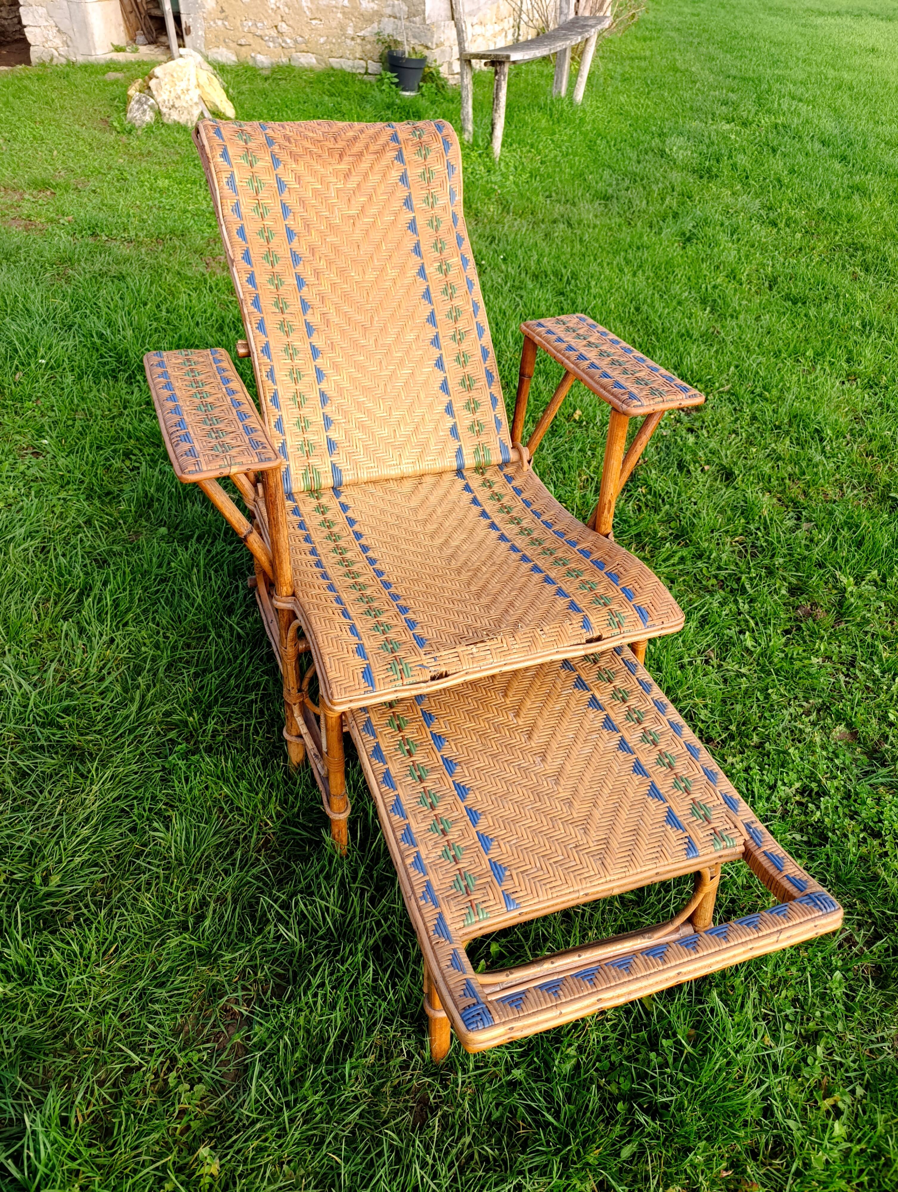 Adjustable Chaise Longue in Bamboo and Woven Rattan