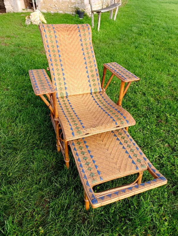 Chaise longue ajustable en bambou et rotin tressé