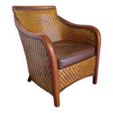Fauteuil Style Colonial-Rotin tressé et bois exotique -Vintage - coussin simili cuir