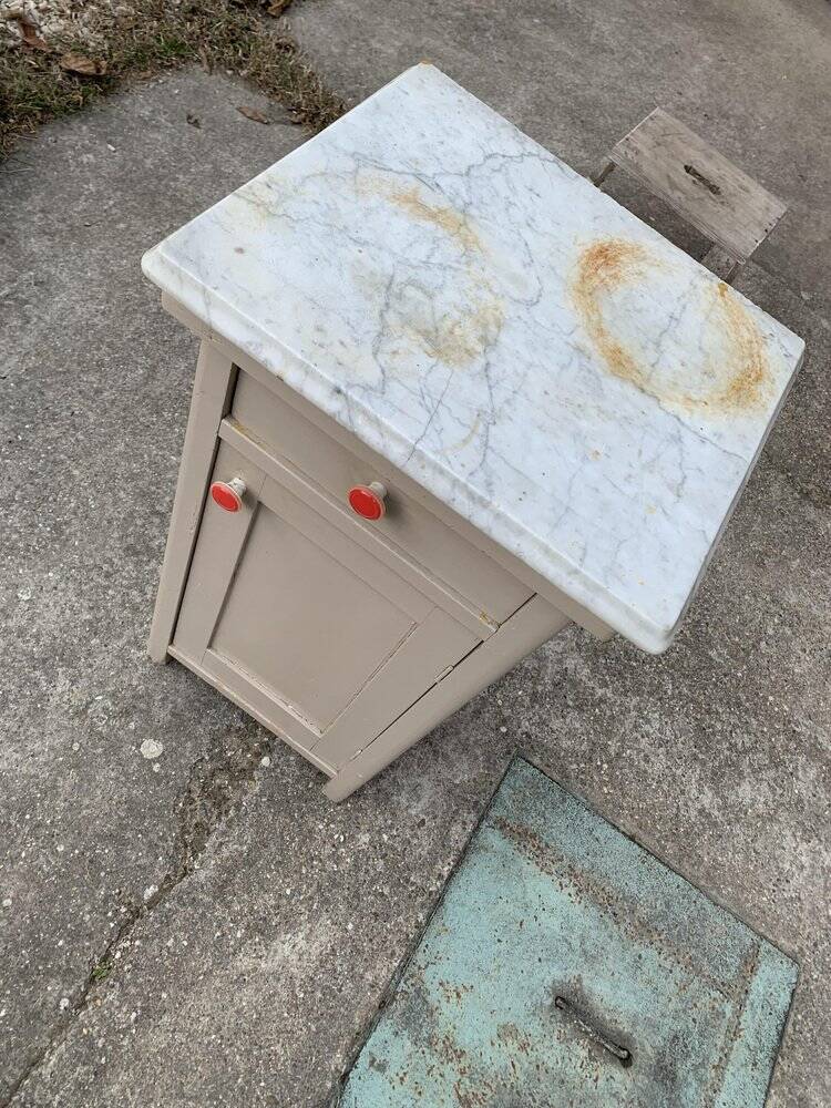 Vintage grey wooden bedside table with marble top - Germany 1950s