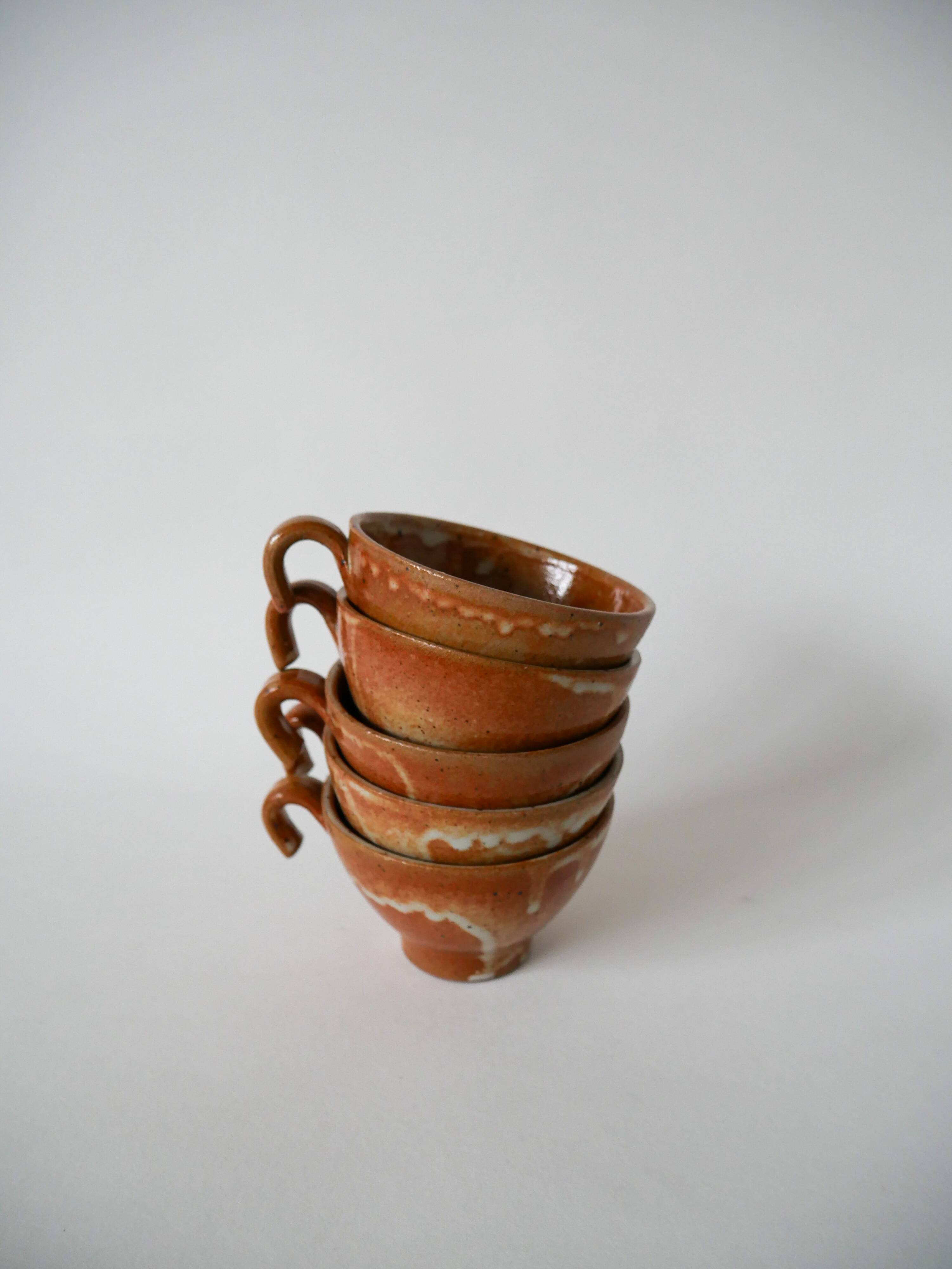 Set of 5 glazed stoneware tea cups 1970