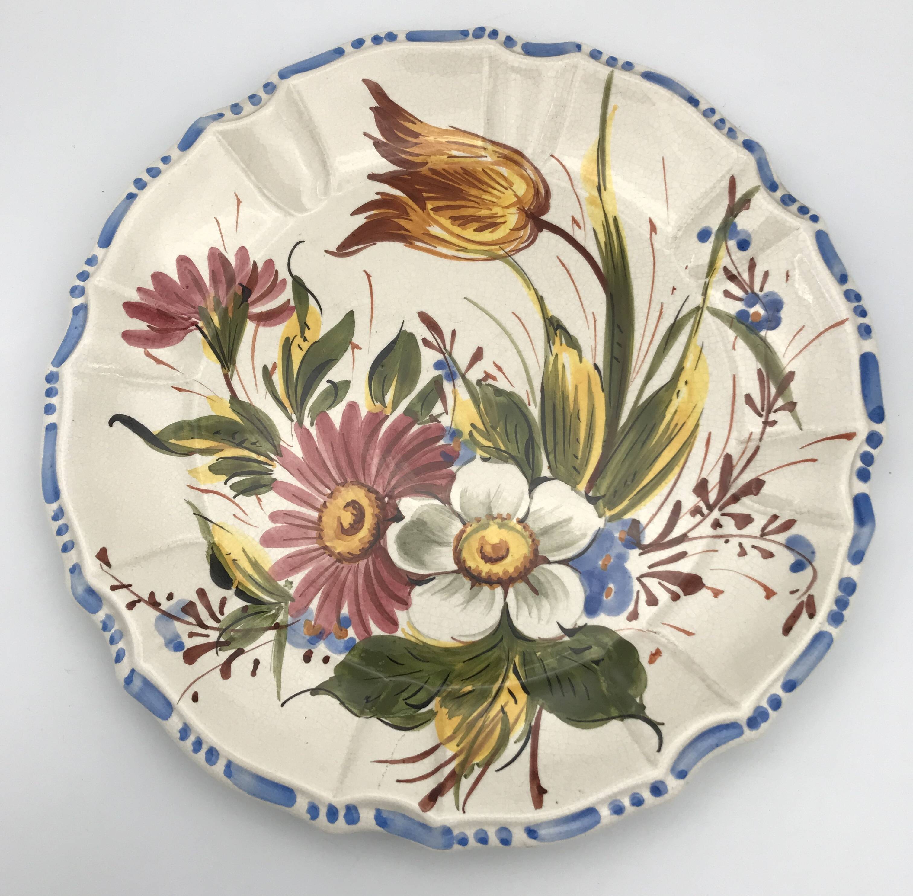 Earthenware wall plate signed bassano, italy, polychrome floral painting decoration