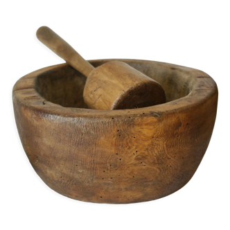 Old brutalist mortar in solid wood and its pestle