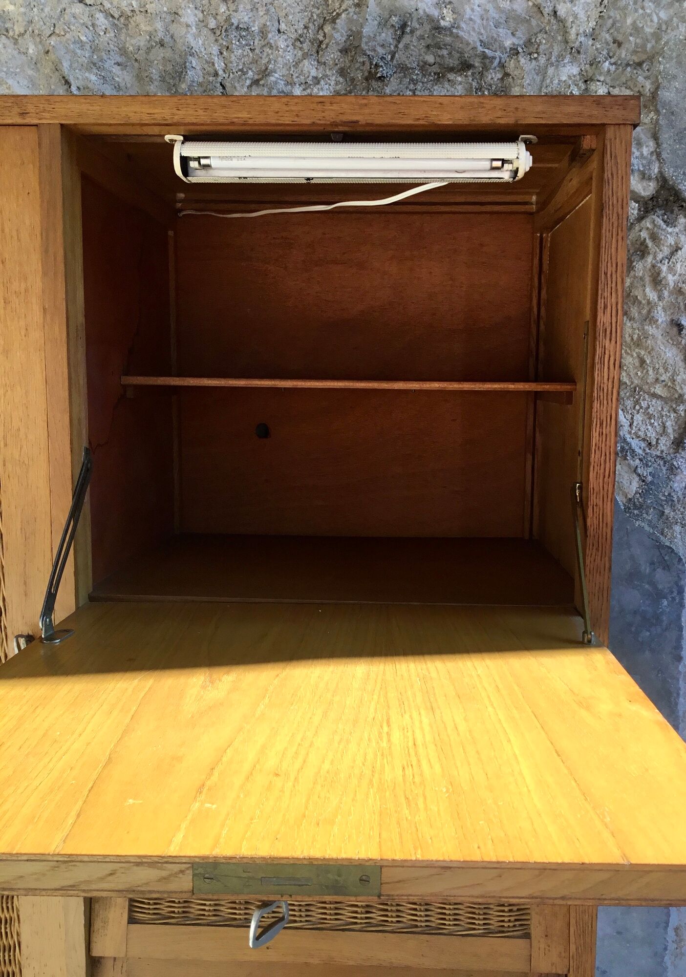 Rattan cabinet with integrated illuminating secretary vintage 1960
