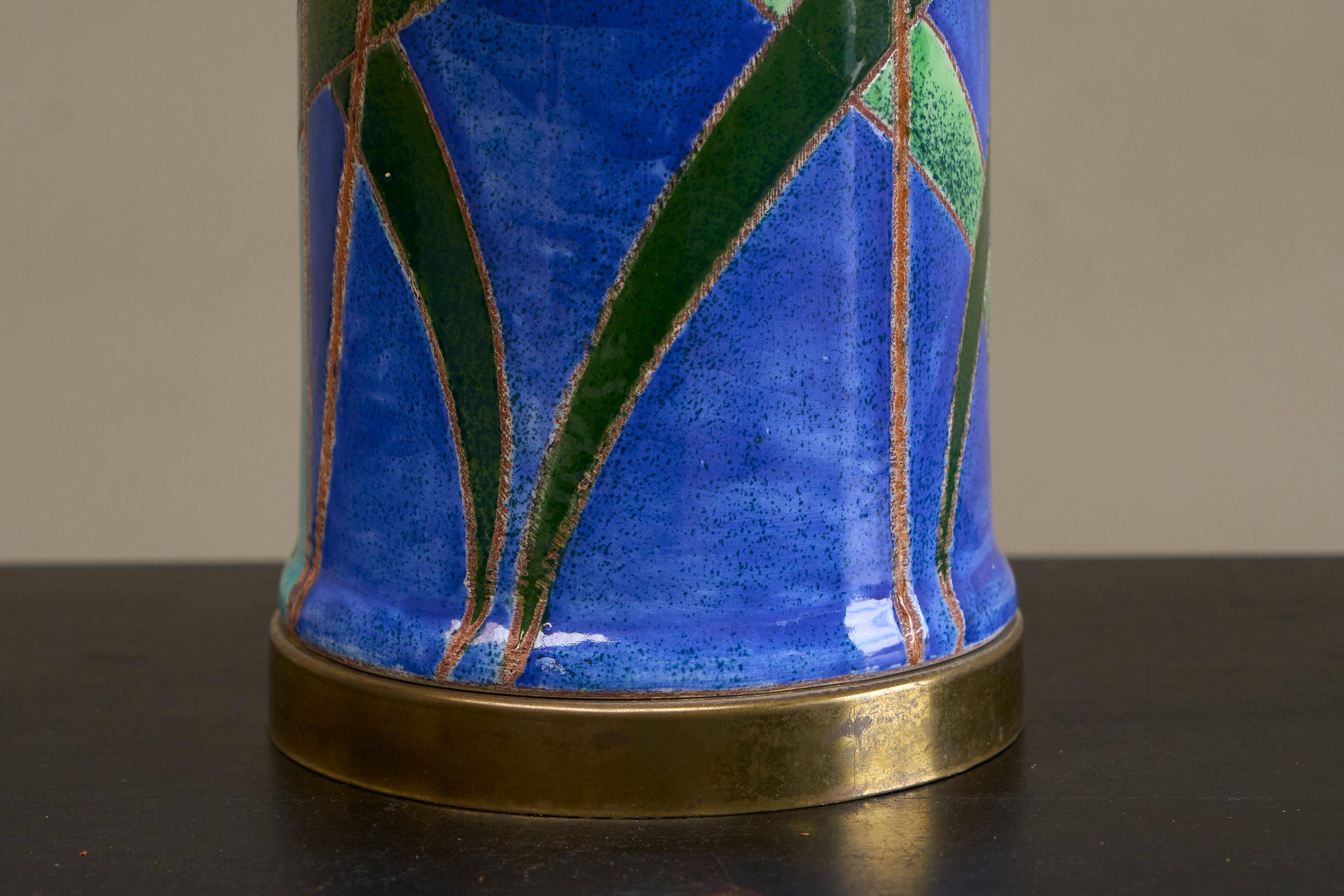 'Reed' table lamp in pottery and brass, mid-century style, 1960.