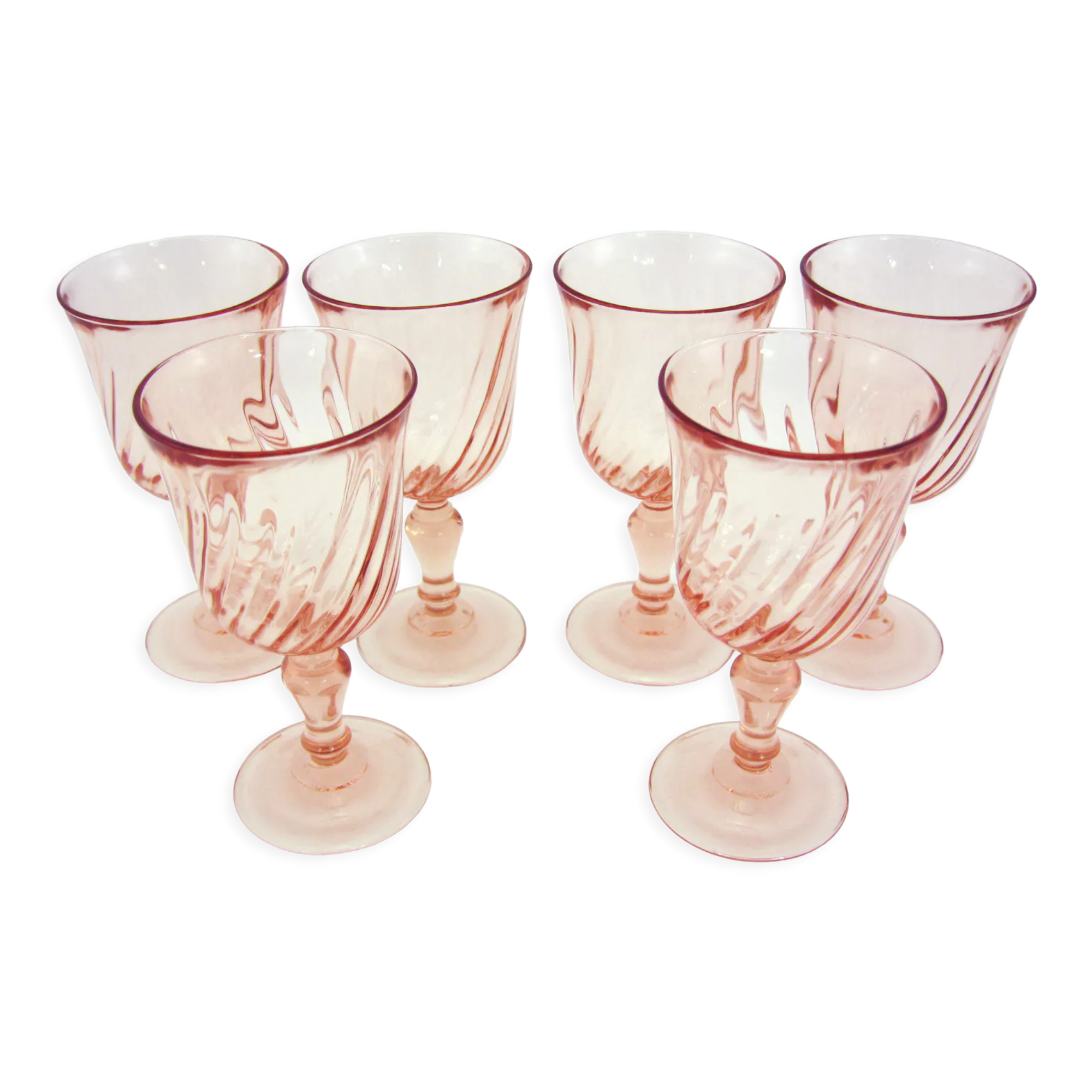 6 Stemmed Glasses In Powder Pink Twisted Glass Rosaline Luminarc Arcoroc France Vintage 80s Selency