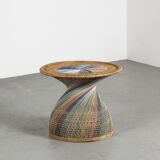 Polychrome wicker pedestal table, circa 1970