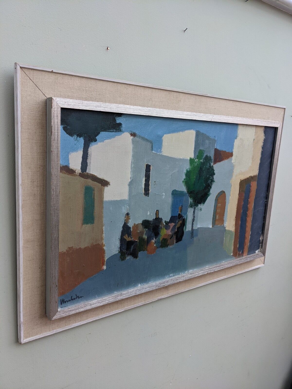 Mid-Century Modern "Charming Town" Vintage Swedish Street Scene Oil Painting, Framed