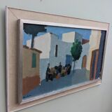 Mid-Century Modern "Charming Town" Vintage Swedish Street Scene Oil Painting, Framed