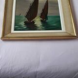 Tableau ancien à l'huile représentant une scène marine
