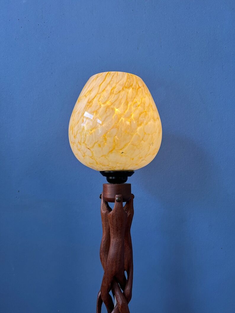 Hand-carved wooden table lamp with art deco lampshade