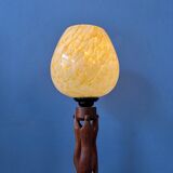 Hand-carved wooden table lamp with art deco lampshade