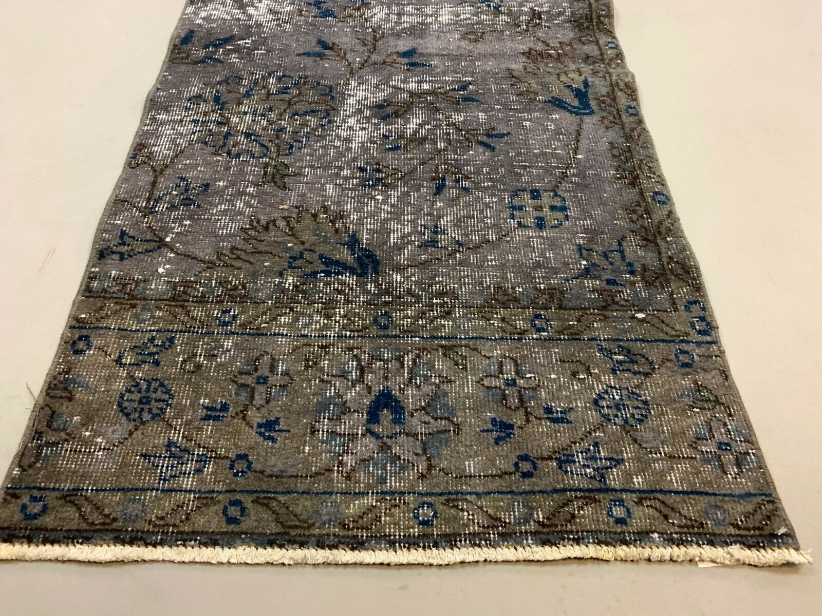 Distressed Turkish Narrow Runner 310x69 cm wool Vintage rug, Overdyed Grey