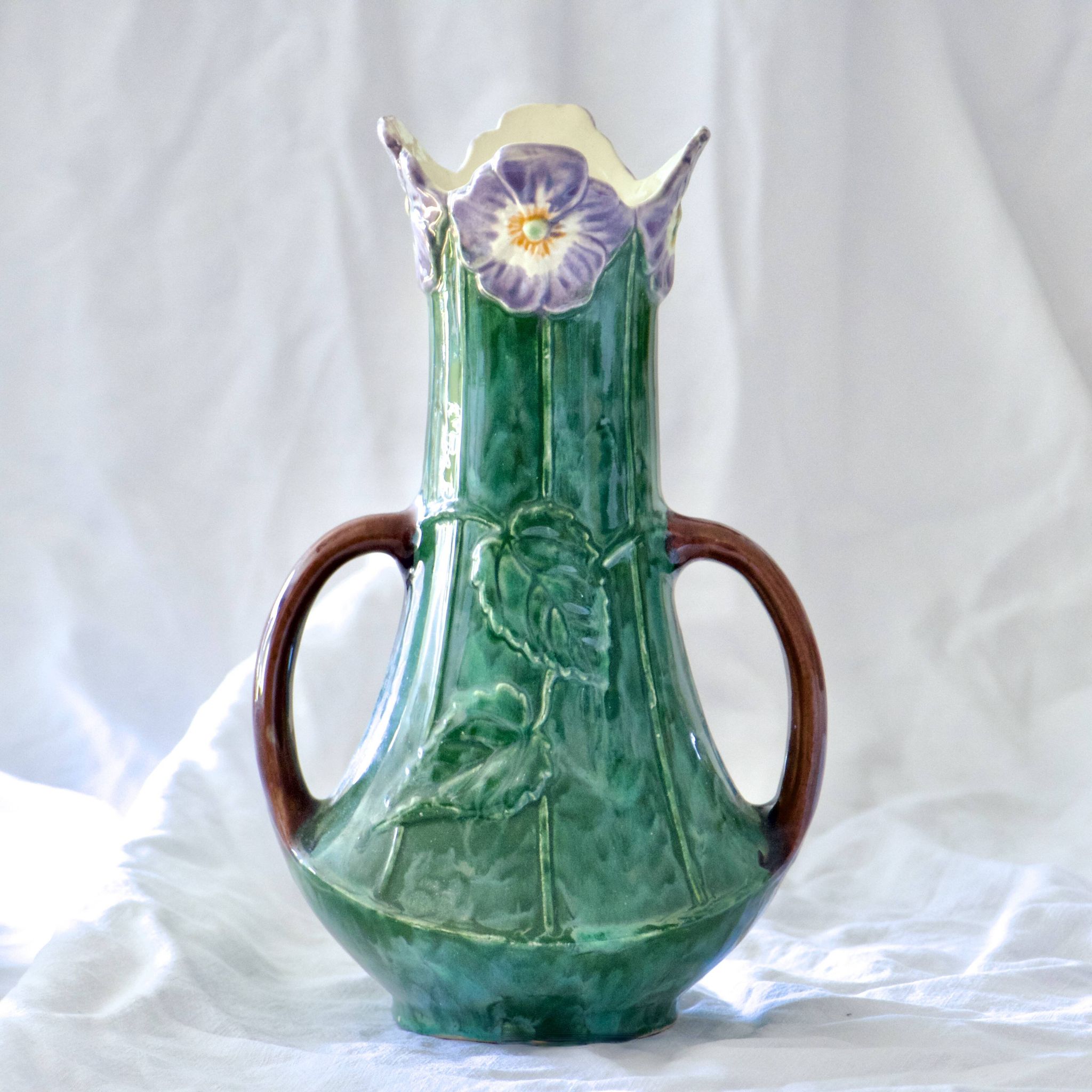 Antique 19th century Art Nouveau slip vase with pansy flowers