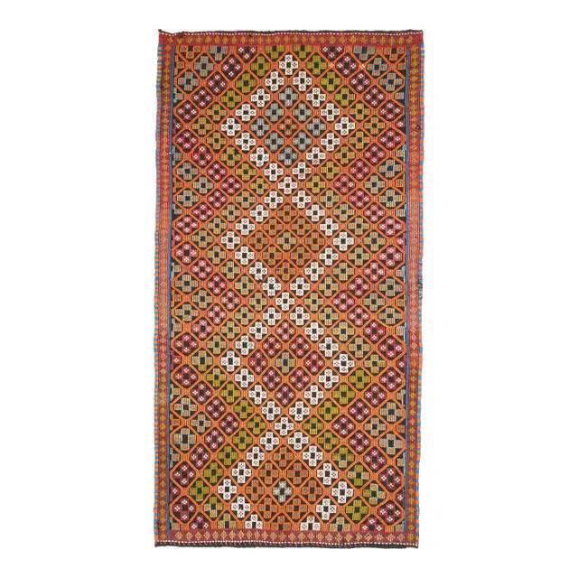 1970s Vintage Turkish Oushak Handmade Wool Cotton Orange Area Rug 179x353