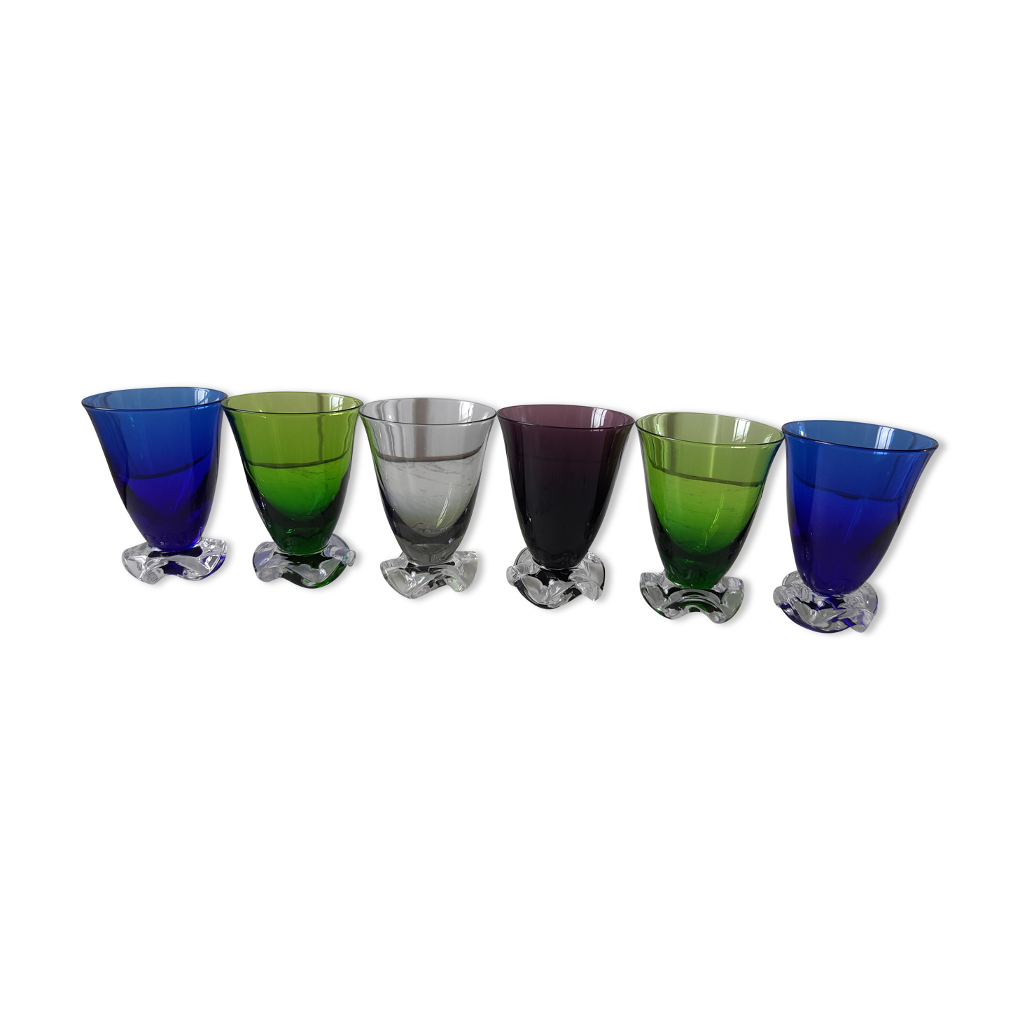 Set of 6 colored wine glasses feet flowers 60s-70s