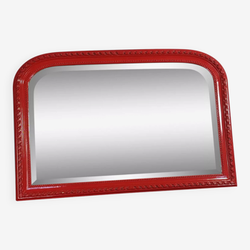 Miroir ancien biseauté cadre style Louis XVI bois & stuc laqué rouge 92x46 cm SB