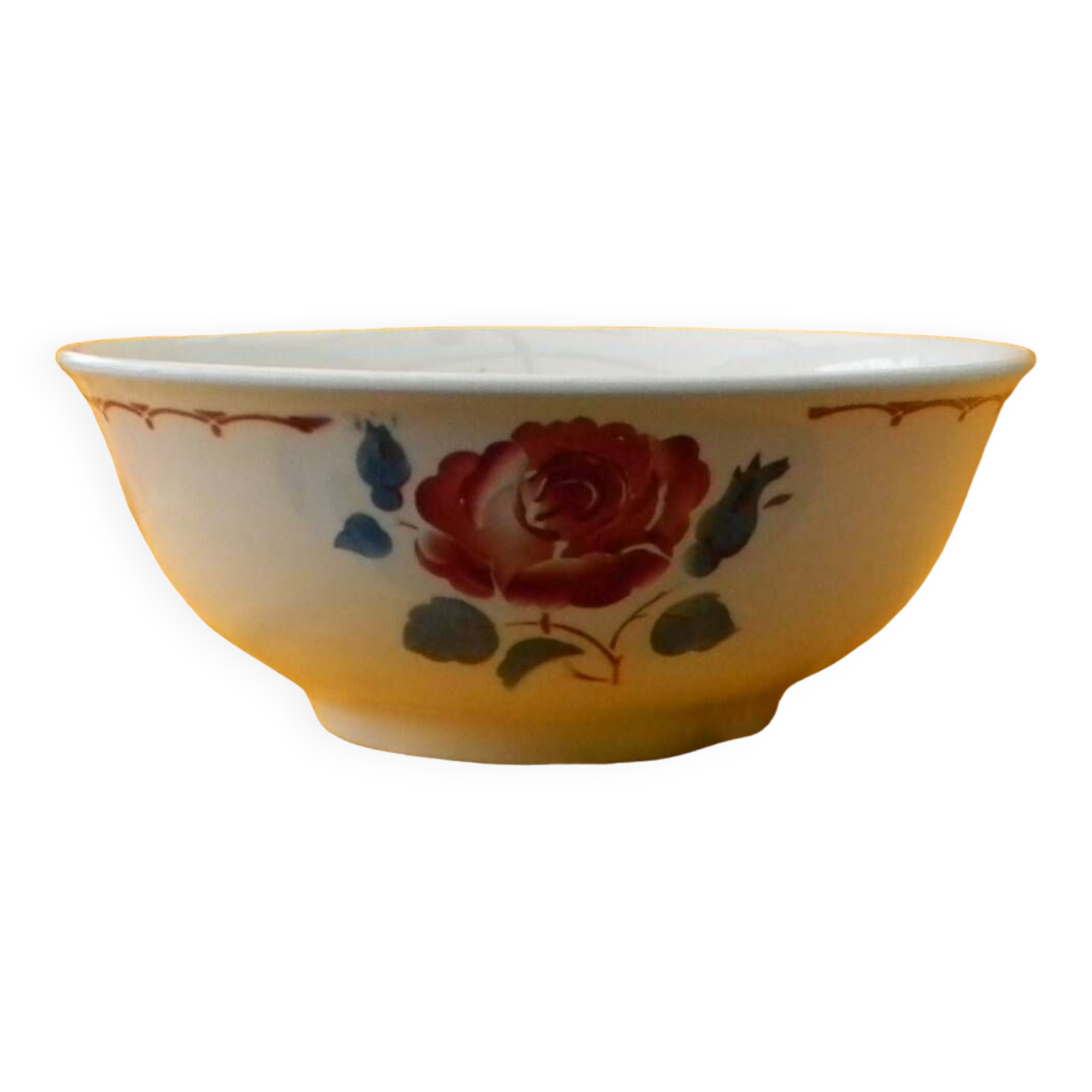 Vintage earthenware salad bowl. Flower decor.