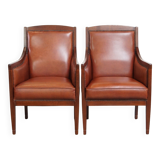 Ensemble majestueux et luxueux de 2 fauteuils design Art Déco en cuir de vachette couleur cognac