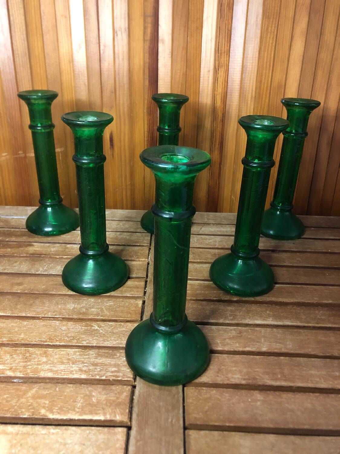 Series of 6 old vintage green bubble molded glass candlesticks #a529