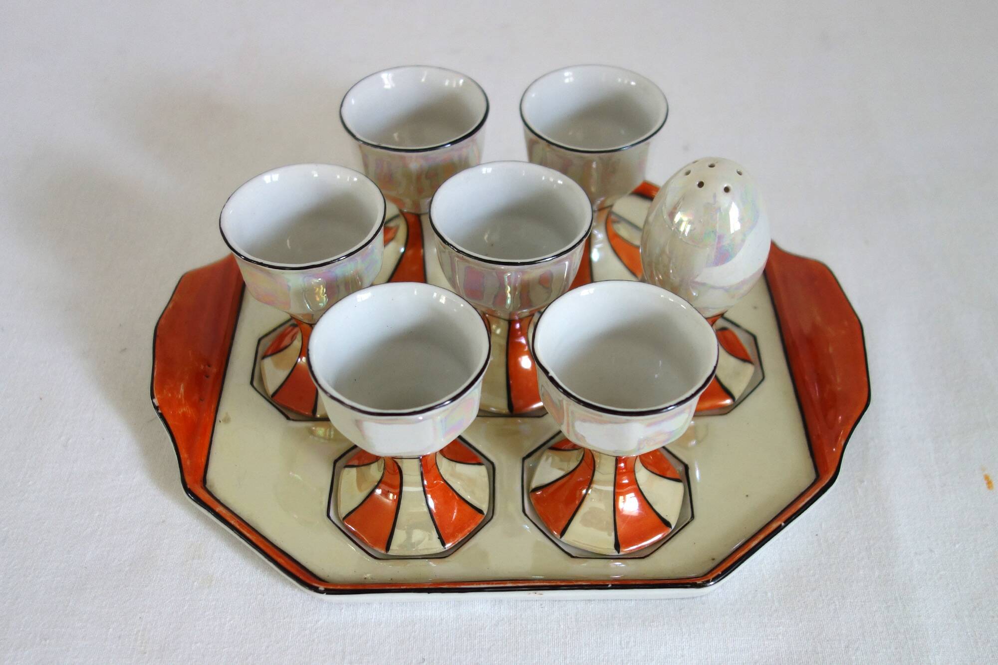 Vintage iridescent set of 6 egg cups, salt shaker, tray and pitchers