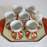 Vintage iridescent set of 6 egg cups, salt shaker, tray and pitchers