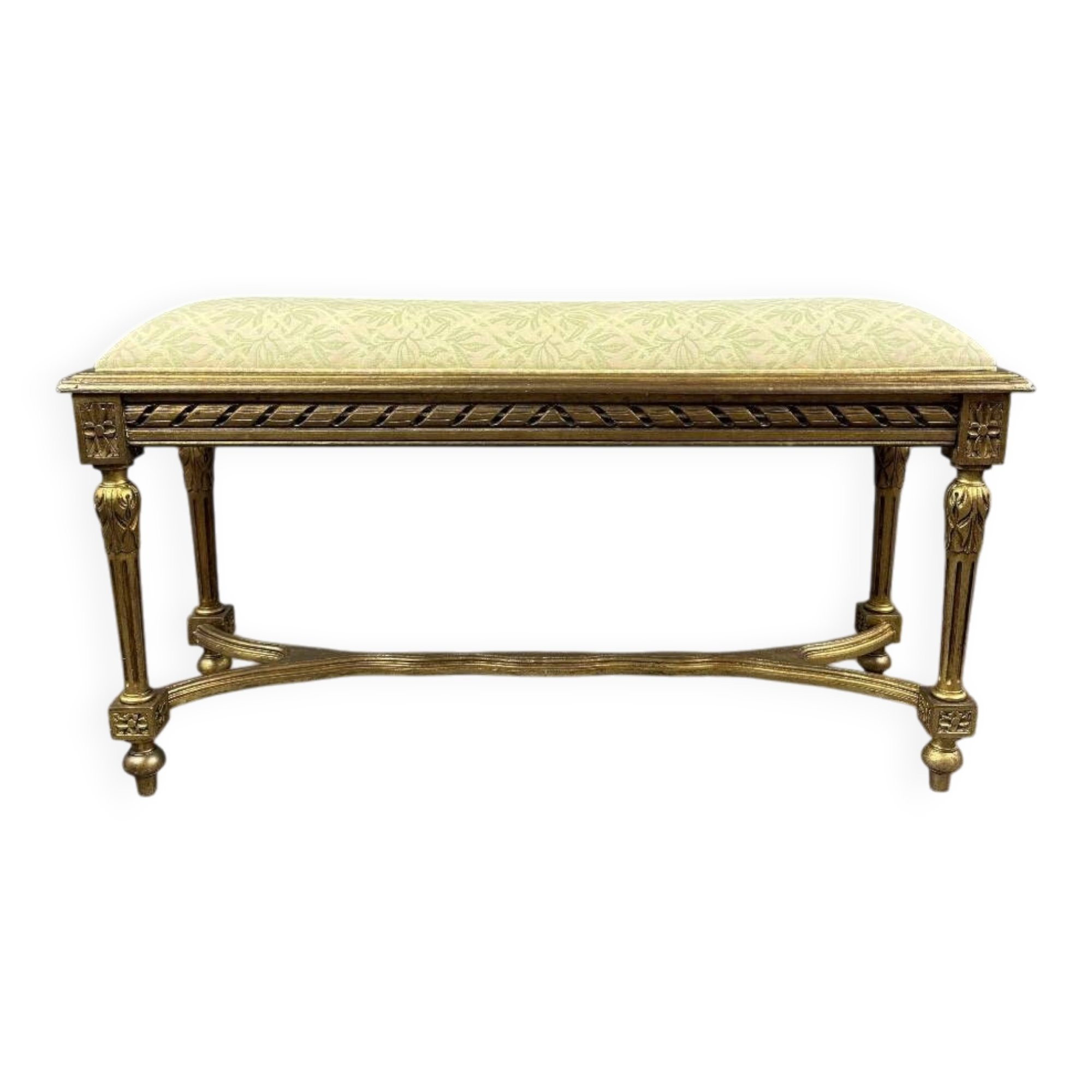 Antique gilded wooden bench in Louis XVI style, 19th century.
