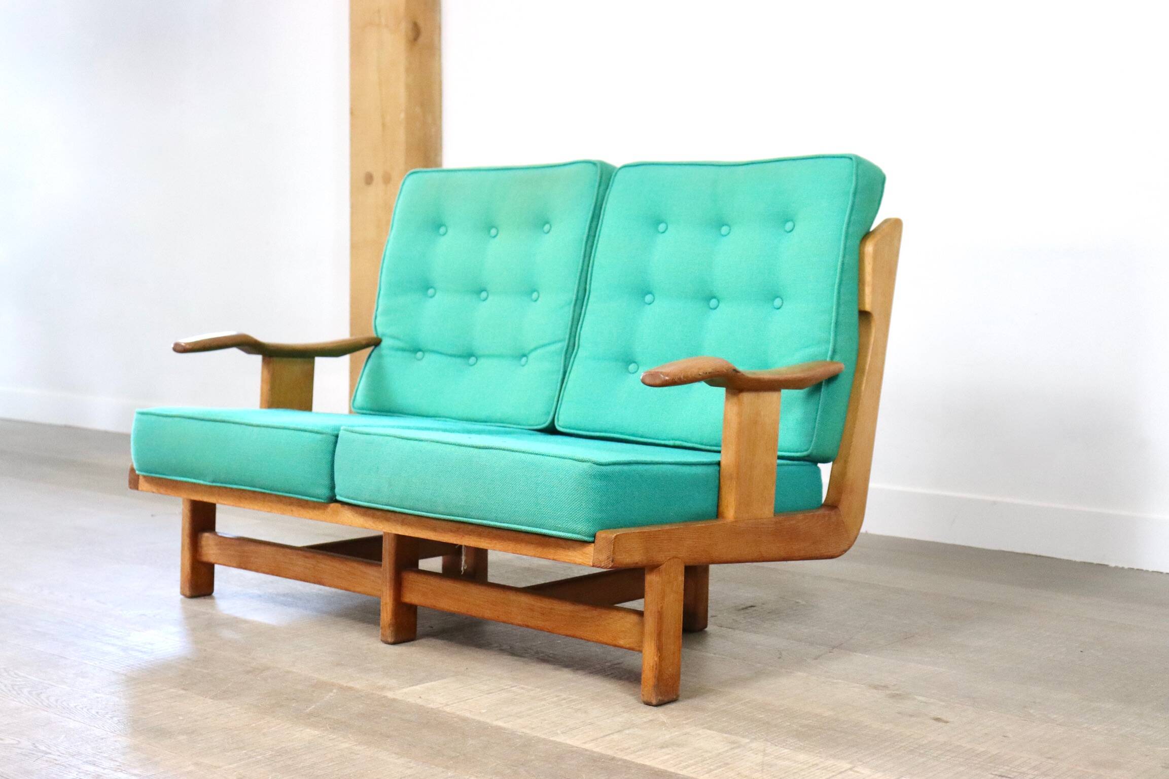 Rare Guillerme & Chambron Solid Oak Sofa, France 1960s