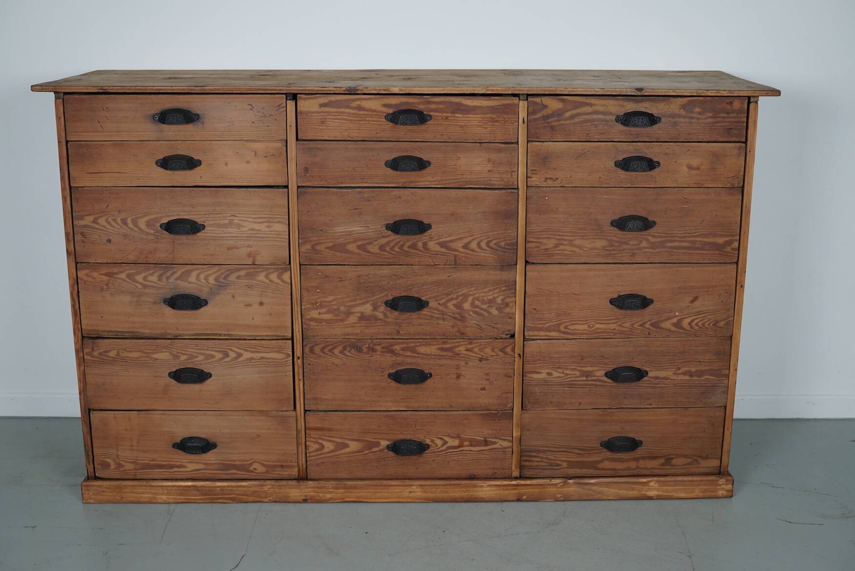 Antique Rustic German Pine Apothecary Cabinet / Bank of Drawers, 1900s