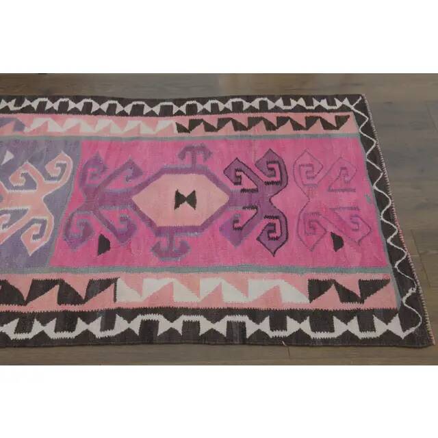 1970s Vintage Turkish Hand-Knotted Wool Cotton Pink Runner Rug 98x303